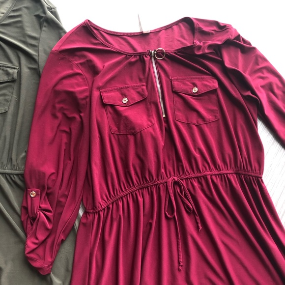 🆓 2 FIT-AND-FLARE DRESSES: olive and red - Picture 4 of 7